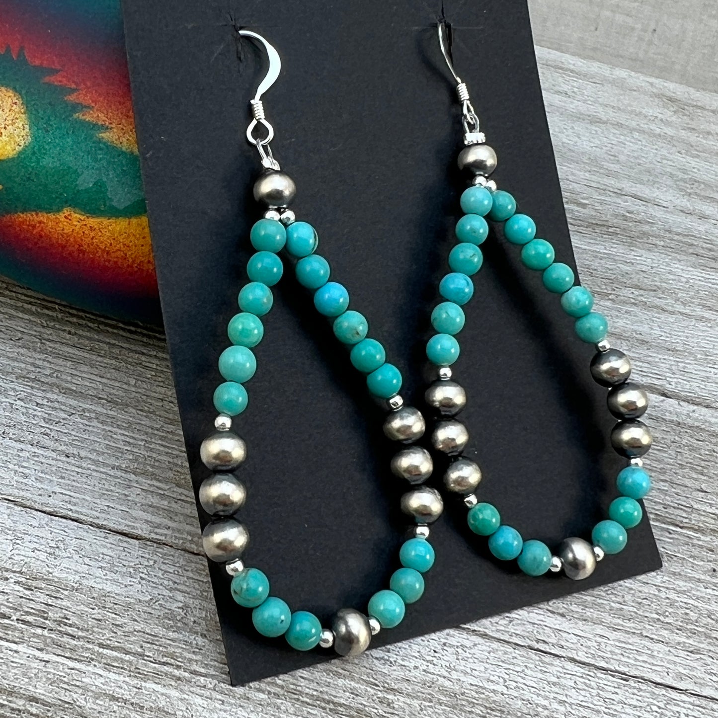 Real Turquoise hoop Earrings with Southwest Pearl sterling silver beads