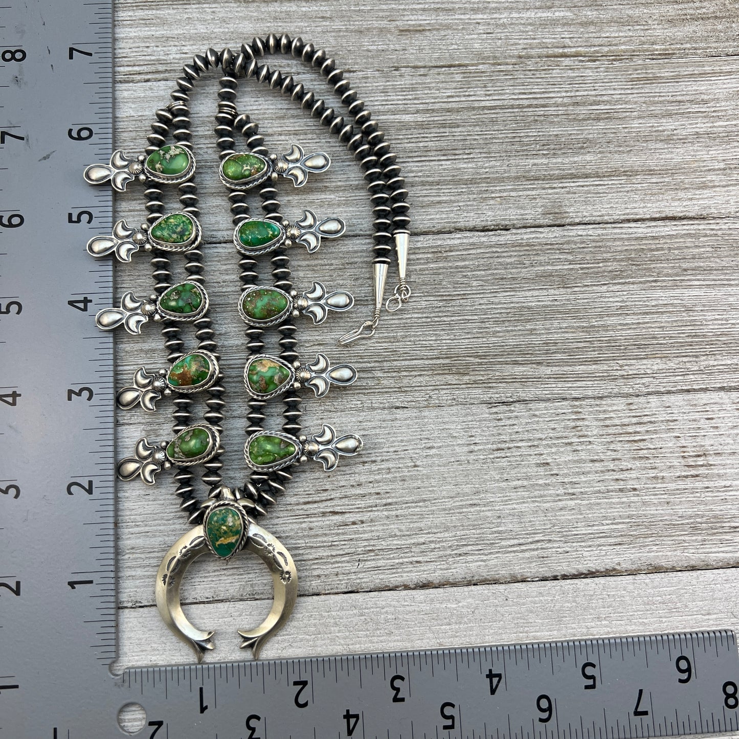 Sonoran Gold Green Turquoise Small Squash Blossom Necklace, Adrienne Gordon Navajo 3