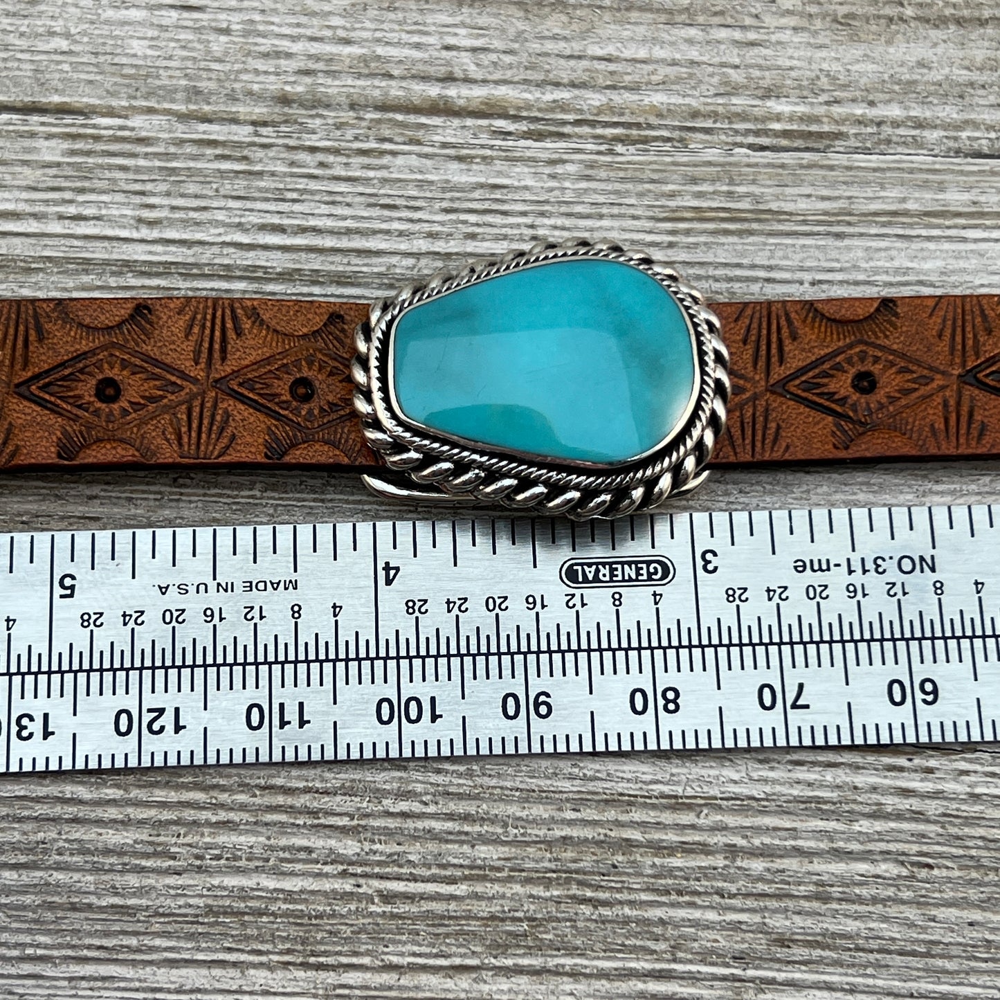 Real Turquoise leather Sterling silver bracelet adjustable Navajo Mike Smith Size 6.25, 7