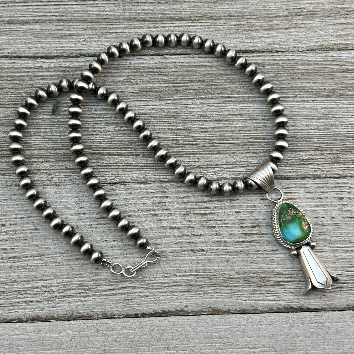 16" sterling silver 5mm bead necklace squash blossom pendant Sonoran Gold Navajo Boho