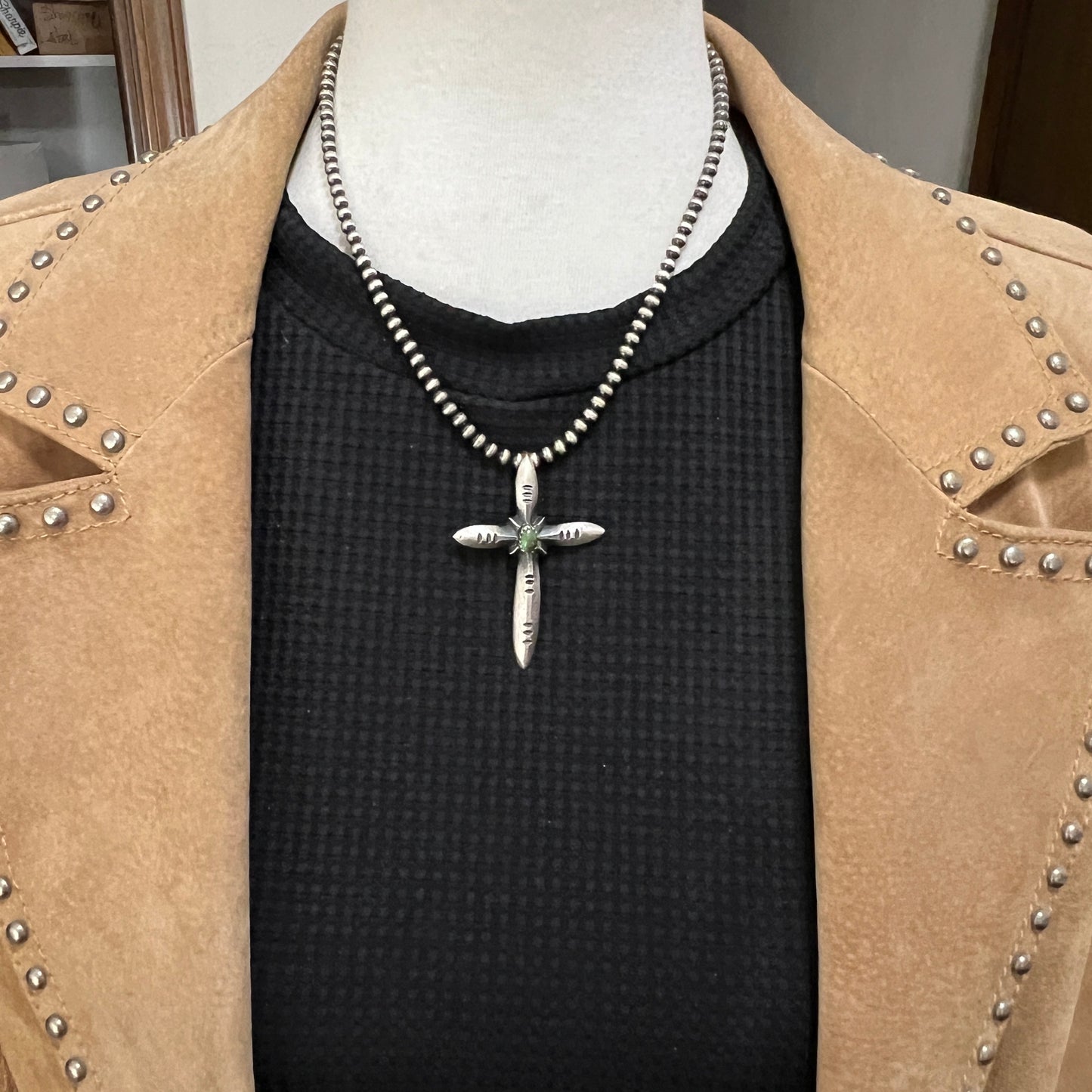 Narrow Turquoise Cross Pendant Sterling Silver Navajo handmade Martha Cayatineto