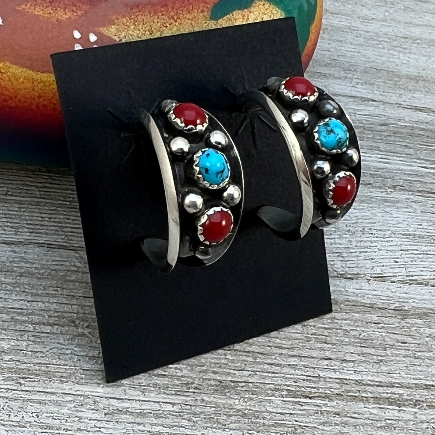 7/8" Turquoise Red Coral Hoop Earrings Navajo handmade by Paul Largo sterling silver 1
