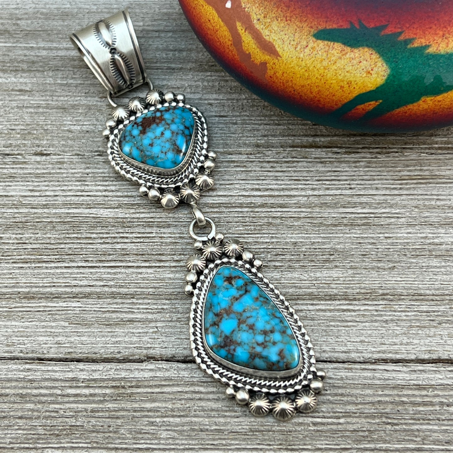 Blue Kingman Spiderweb Turquoise Pendant 2 Navajo Sterling Silver Tom Lewis