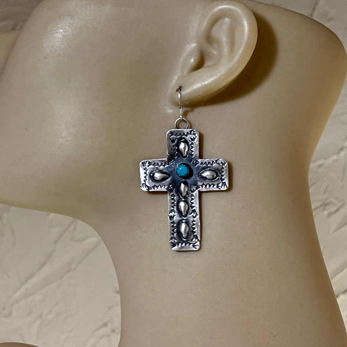 Navajo handmade large cross dangle earrings sterling silver turquoise Tim Yazzie 399
