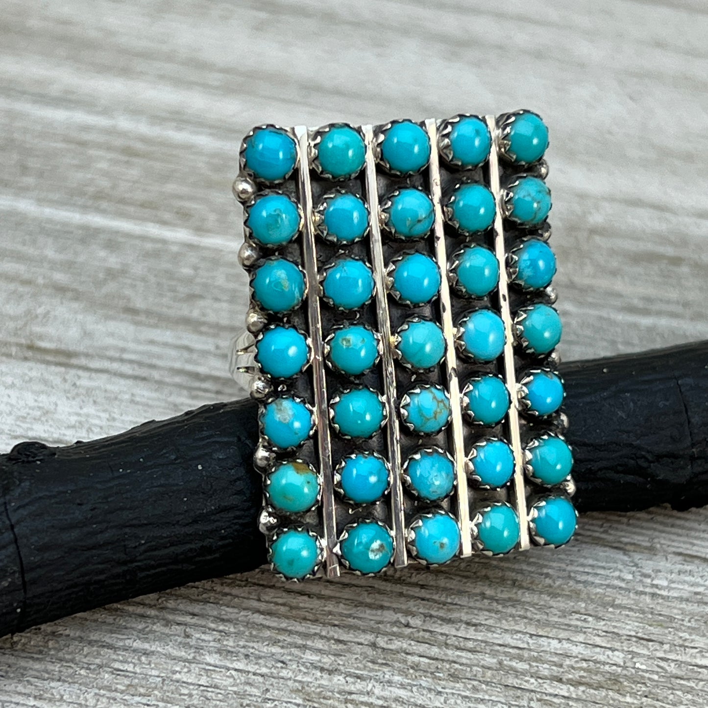 Size 10 Turquoise Zuni Snake Eye Dot Row Ring Kenny Lonjose Sterling Silver