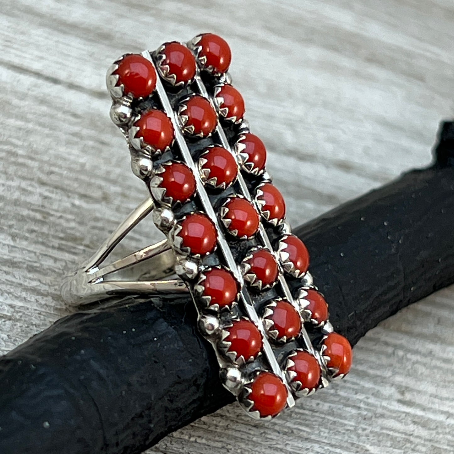 Size 7.5 Red Mediterranean Coral Zuni Snake Eye Dot Row Ring Kenny Lonjose Sterling Silver