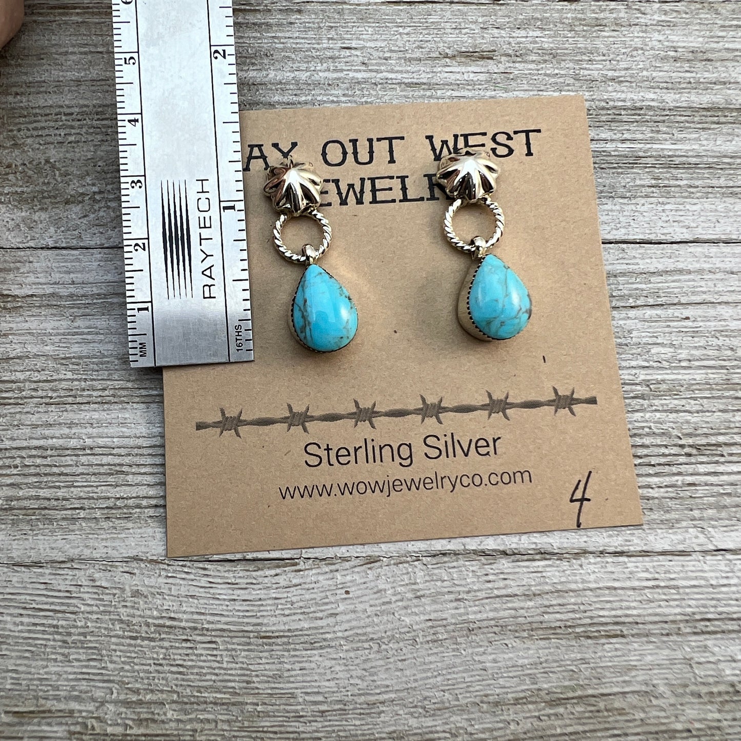 Turquoise teardrop dangle earrings #4, with small concho button post, sterling silver, Kingman Turquoise, Navajo handmade by Sheena Jack