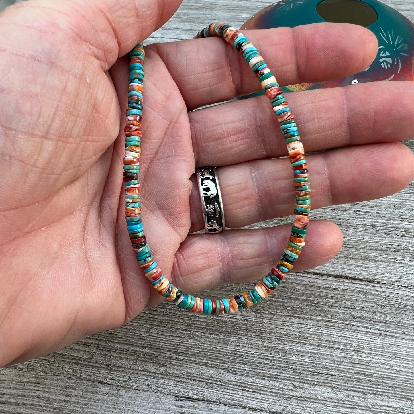 17", 4mm heishi necklace choker, turquoise red orange spiny oyster shell boho necklace 101B