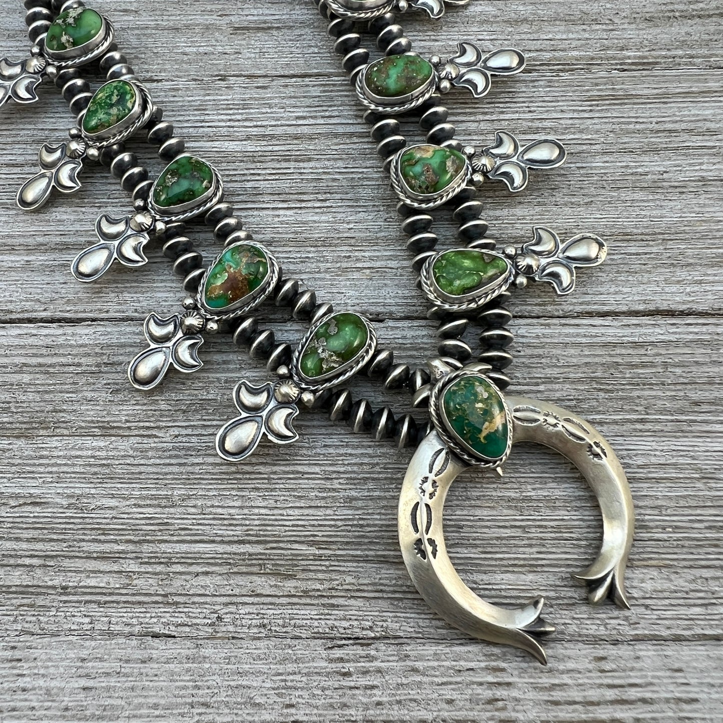 Sonoran Gold Green Turquoise Small Squash Blossom Necklace, Adrienne Gordon Navajo 3