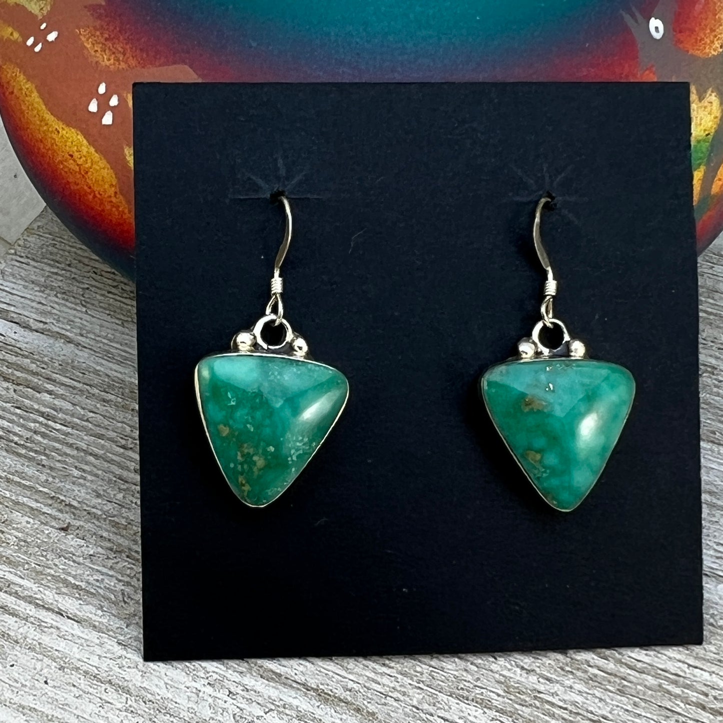 Sterling silver varisite dangle earrings Navajo handmade Arlene Lewis 1