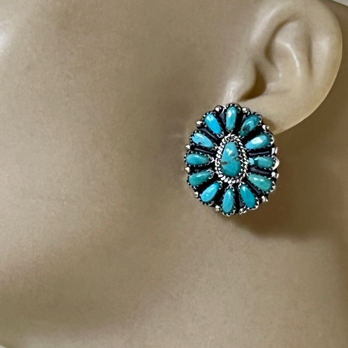 Blue Turquoise petit point cluster stud Earrings sterling silver Navajo Zeita Begay