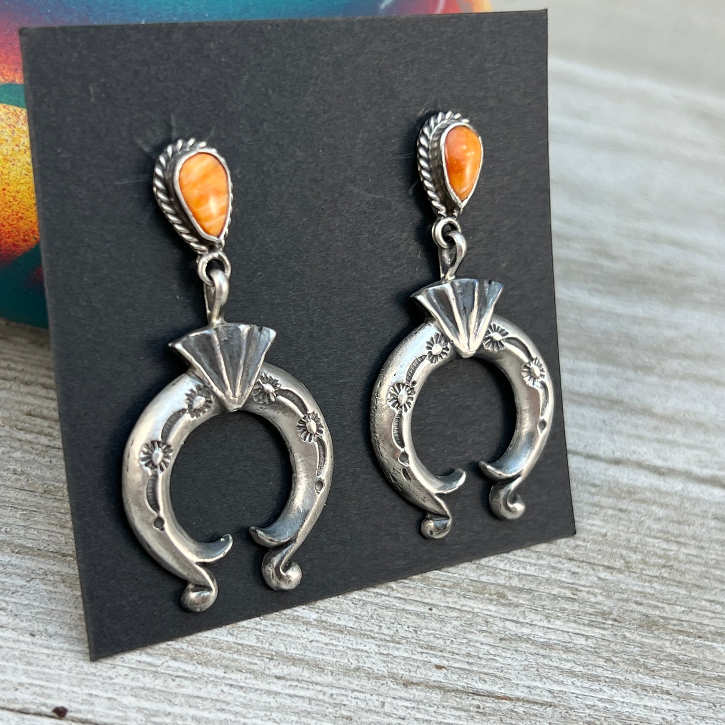 Orange Spiny Oyster Shell dangle Naja earrings sterling silver Navajo Adrienne Gordon 8