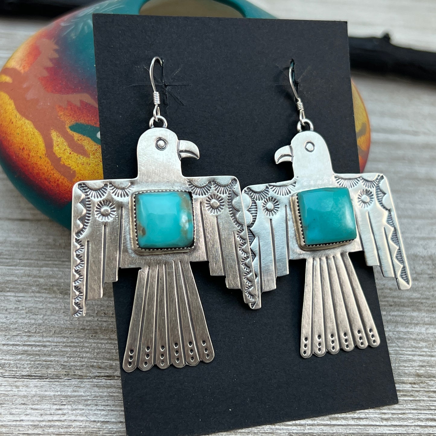 Navajo large Thunderbird dangle earrings sterling silver turquoise Jeremy Delgarito 400