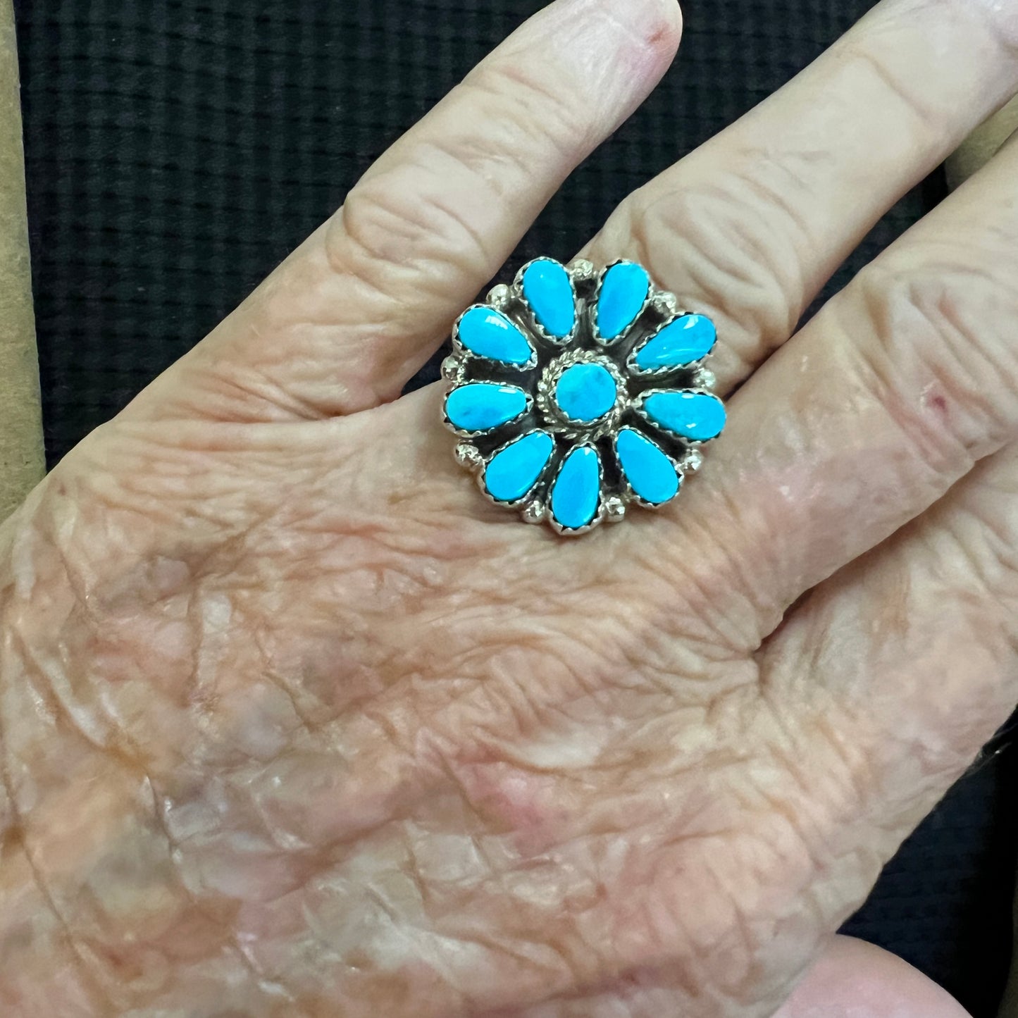 Size 8.25 Blue Turquoise Round Cluster Ring Navajo handmade Sterling Silver Alicia Wilson