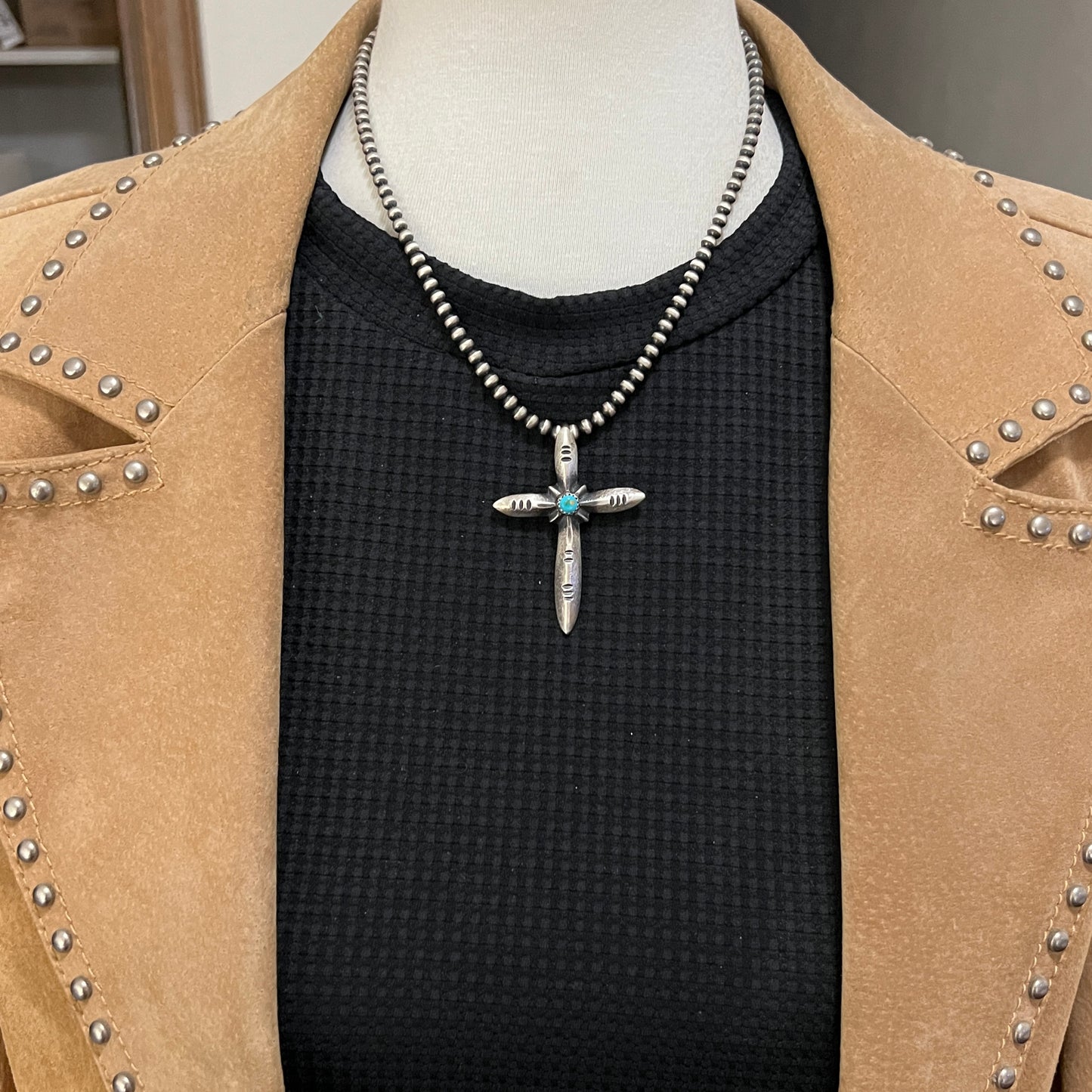 Narrow Turquoise Cross Pendant Sterling Silver Navajo handmade Martha Cayatineto