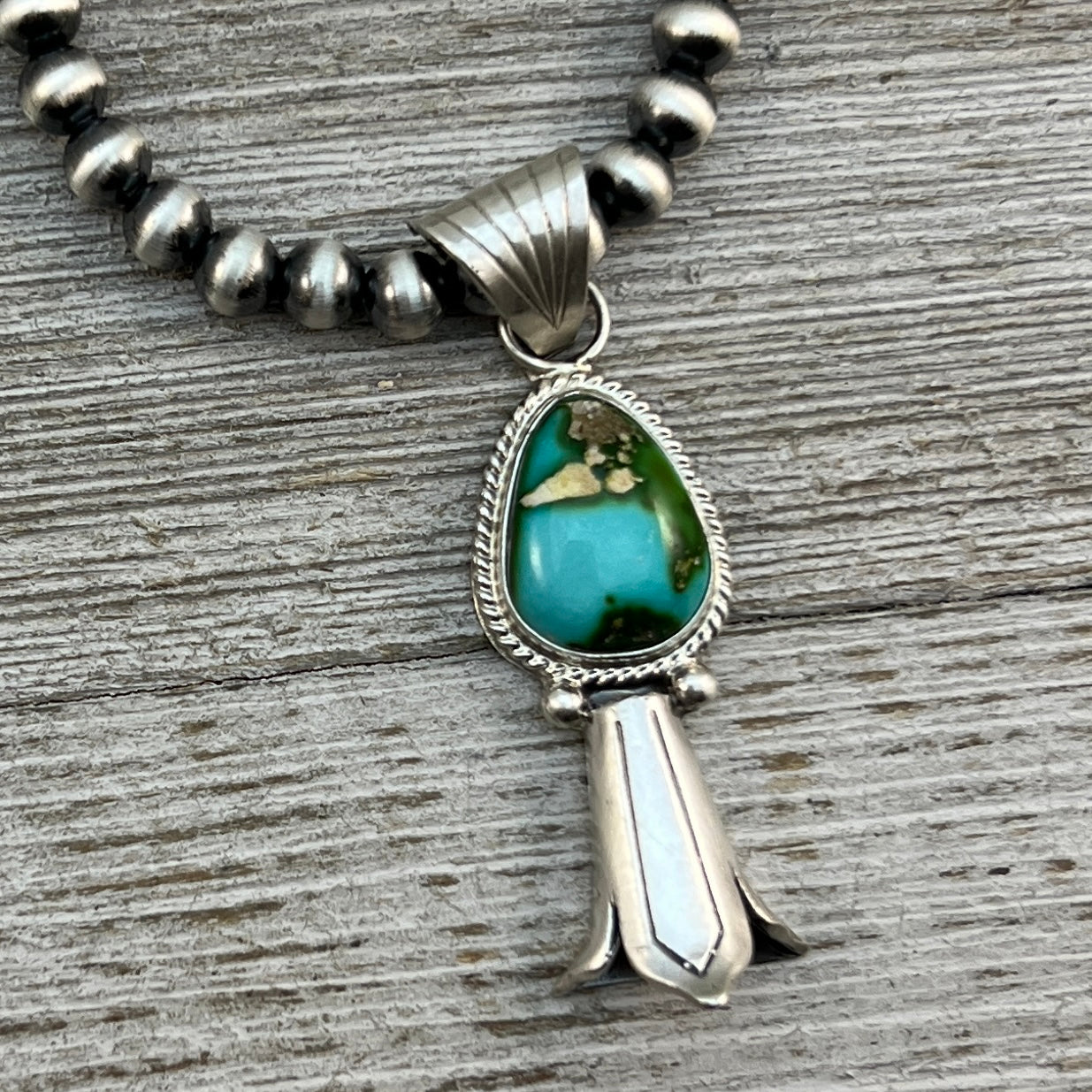 16" sterling silver 5mm bead necklace squash blossom pendant Sonoran Gold Navajo Samuel Yellowhair