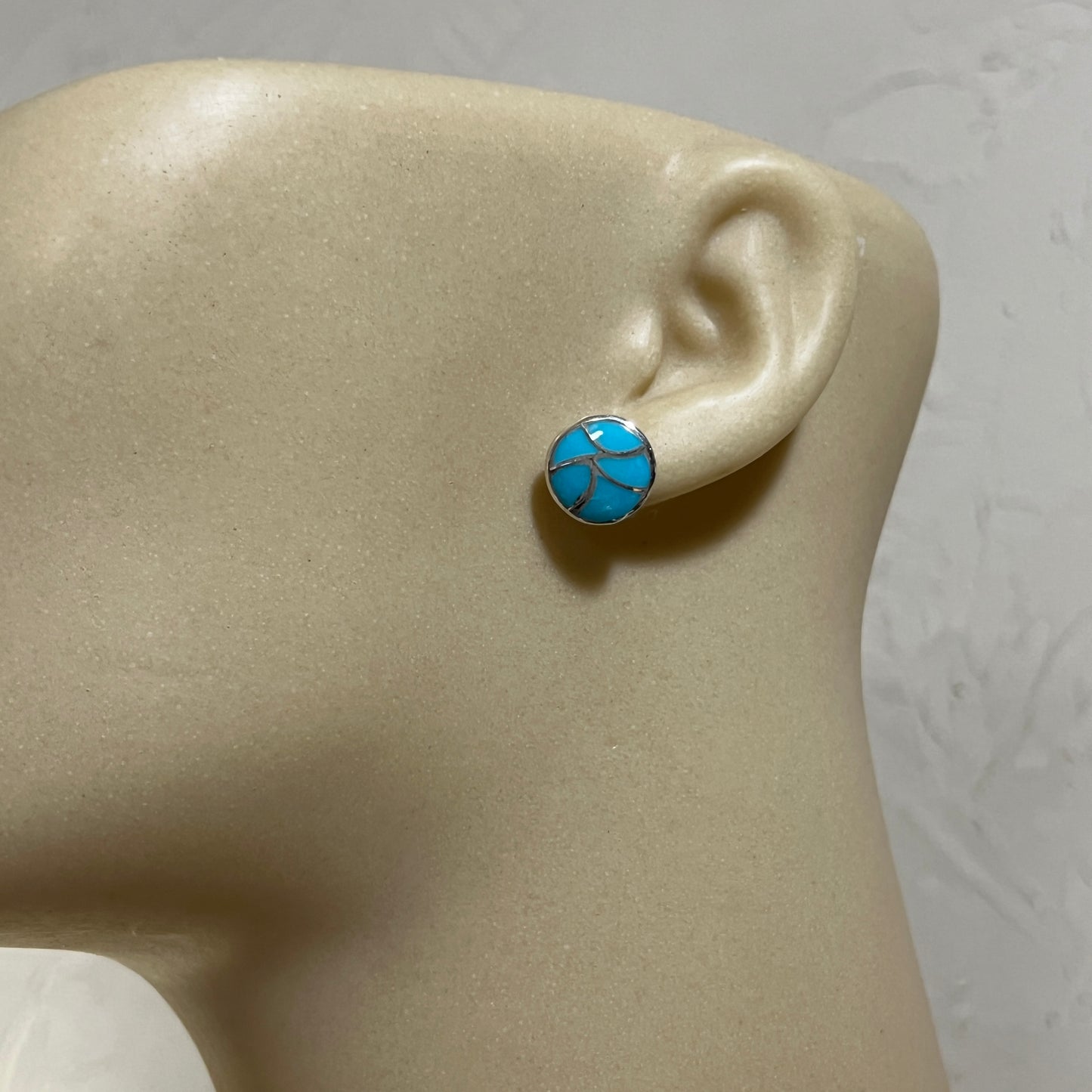 Zuni inlay turquoise fish scale small round stud earrings sterling silver Orena Leekya 4