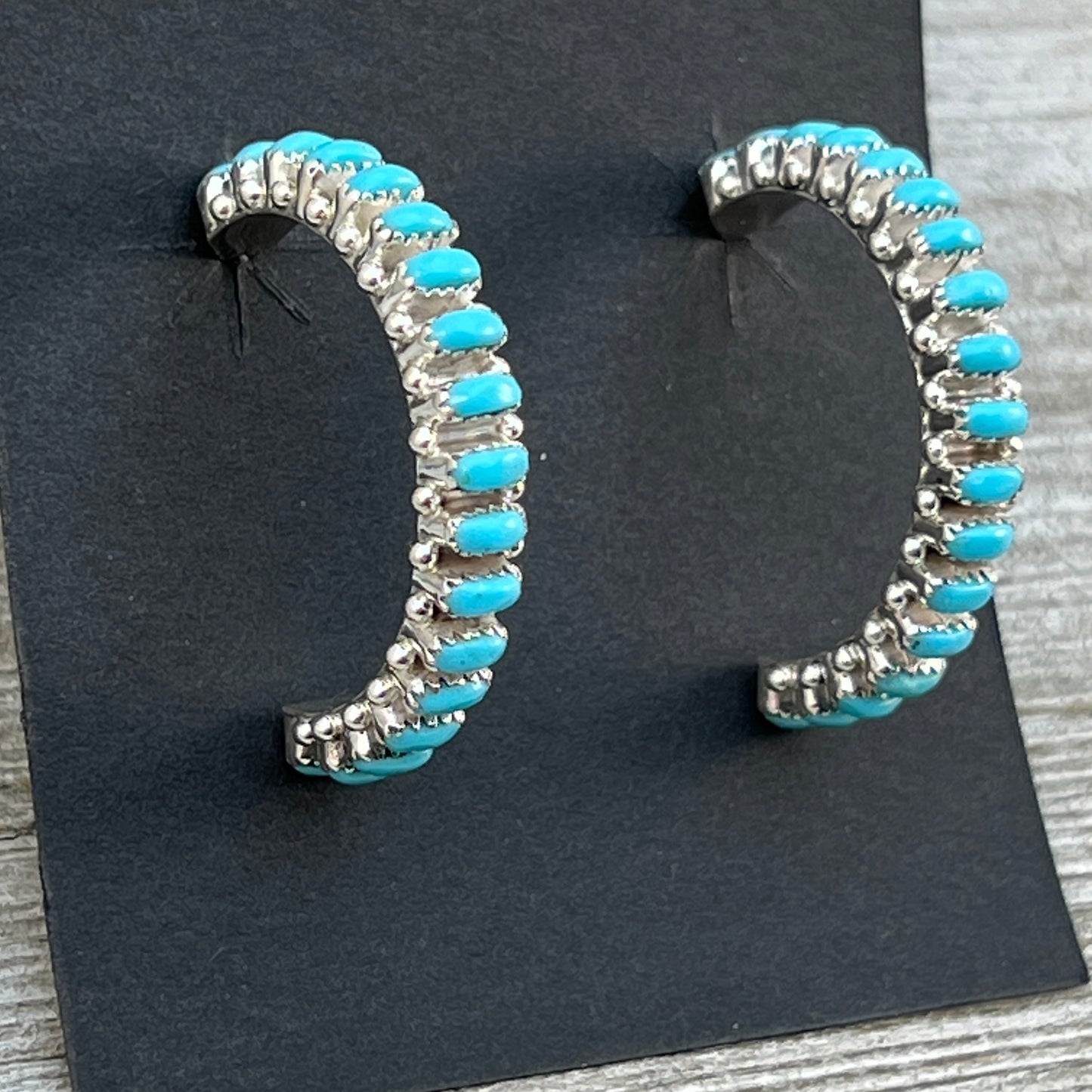 Turquoise 1 1/4" narrow turquoise zuni hoop earrings sterling silver Bernard Cachini