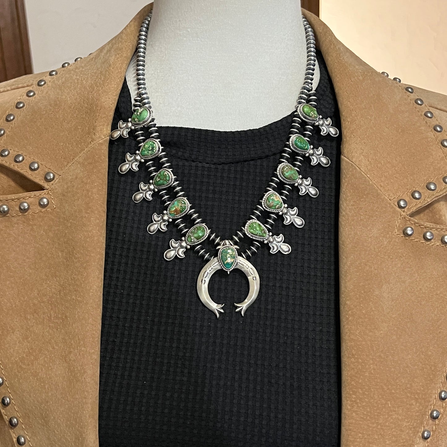 Sonoran Gold Green Turquoise Small Squash Blossom Necklace, Adrienne Gordon Navajo 3