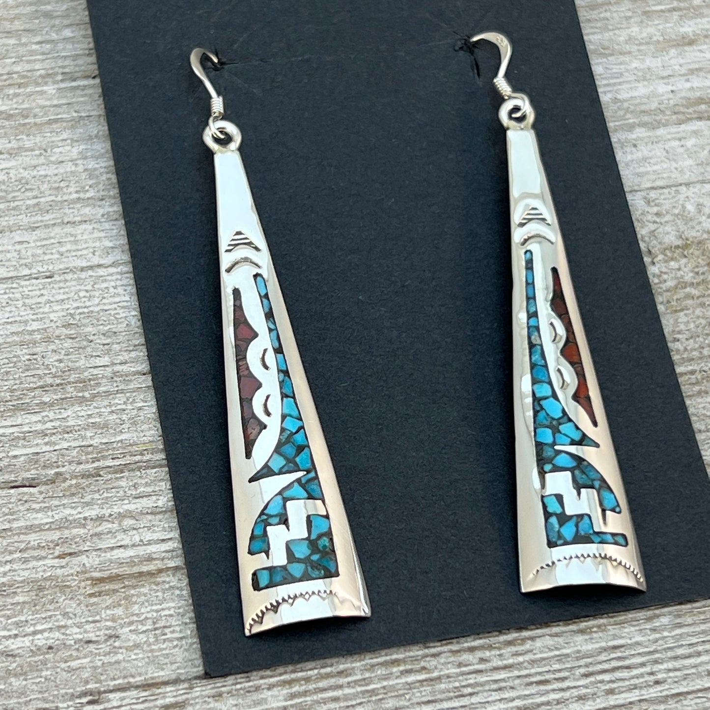 Turquoise coral chip inlay long earrings Navajo handmade signed Jolene Yazzie 3
