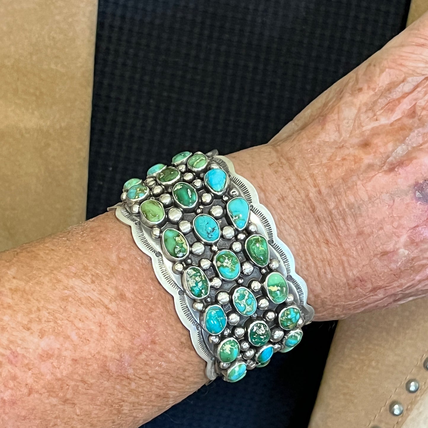 6 3/4" Green Blue Sonoran Turquoise Cuff Bracelet Sterling Silver Tom Lewis 513
