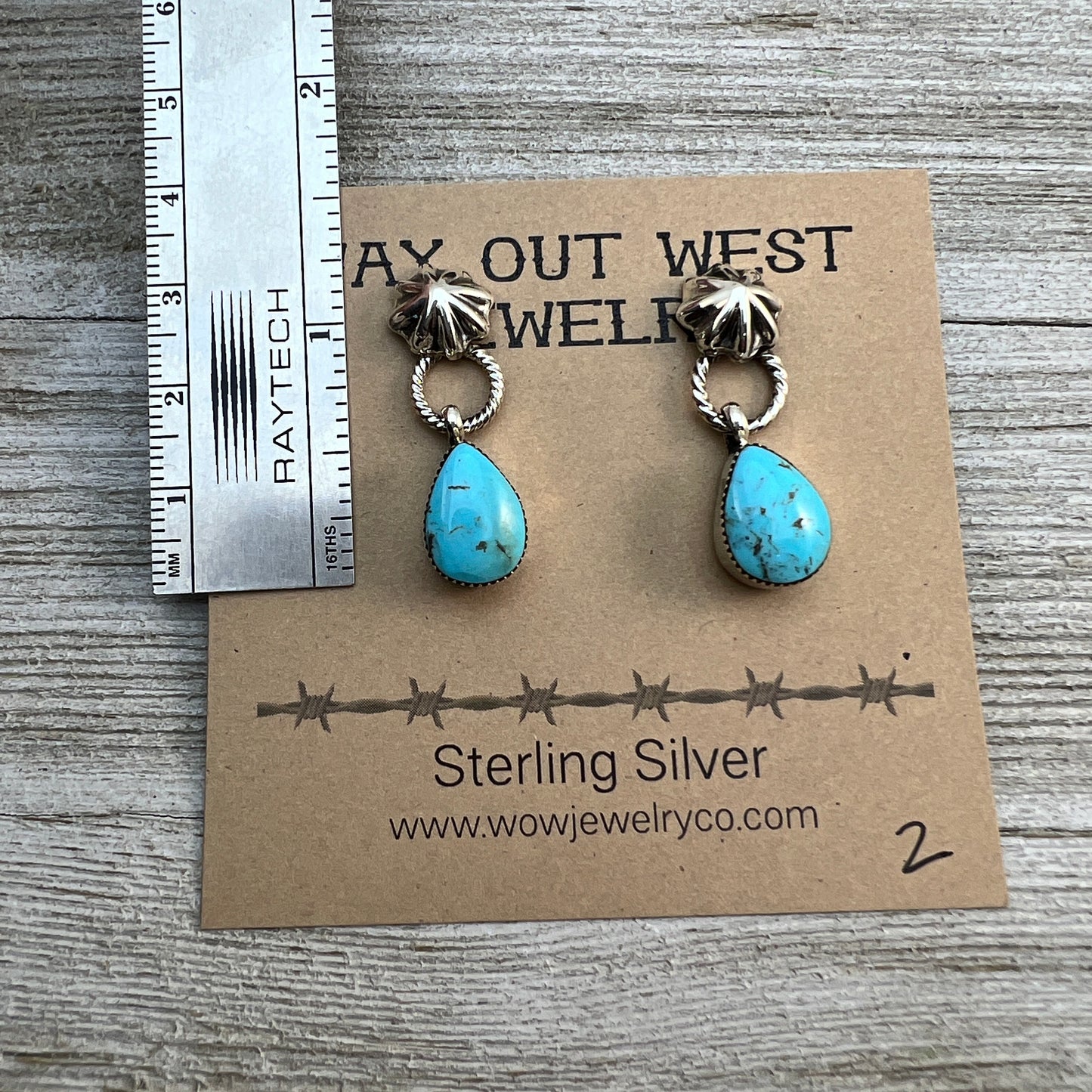 Turquoise teardrop dangle earrings #2, with small concho button post, sterling silver, Kingman Turquoise, Navajo handmade by Sheena Jack