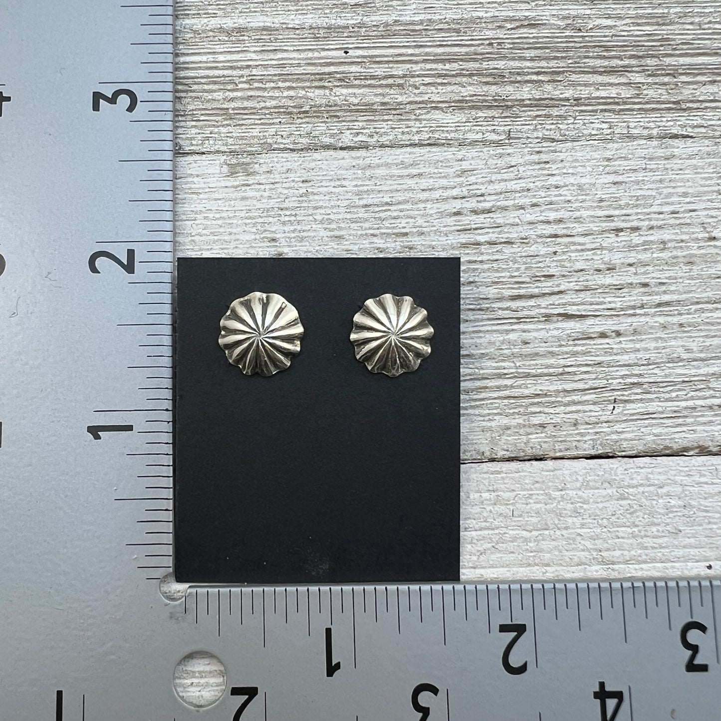 Lightweight small Corrugated hand stamped concho earrings Sterling silver Sally Shurley