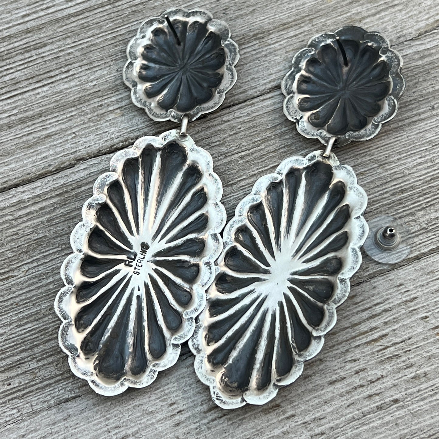 Navajo handmade large Concho long dangle earrings sterling silver Rita Lee