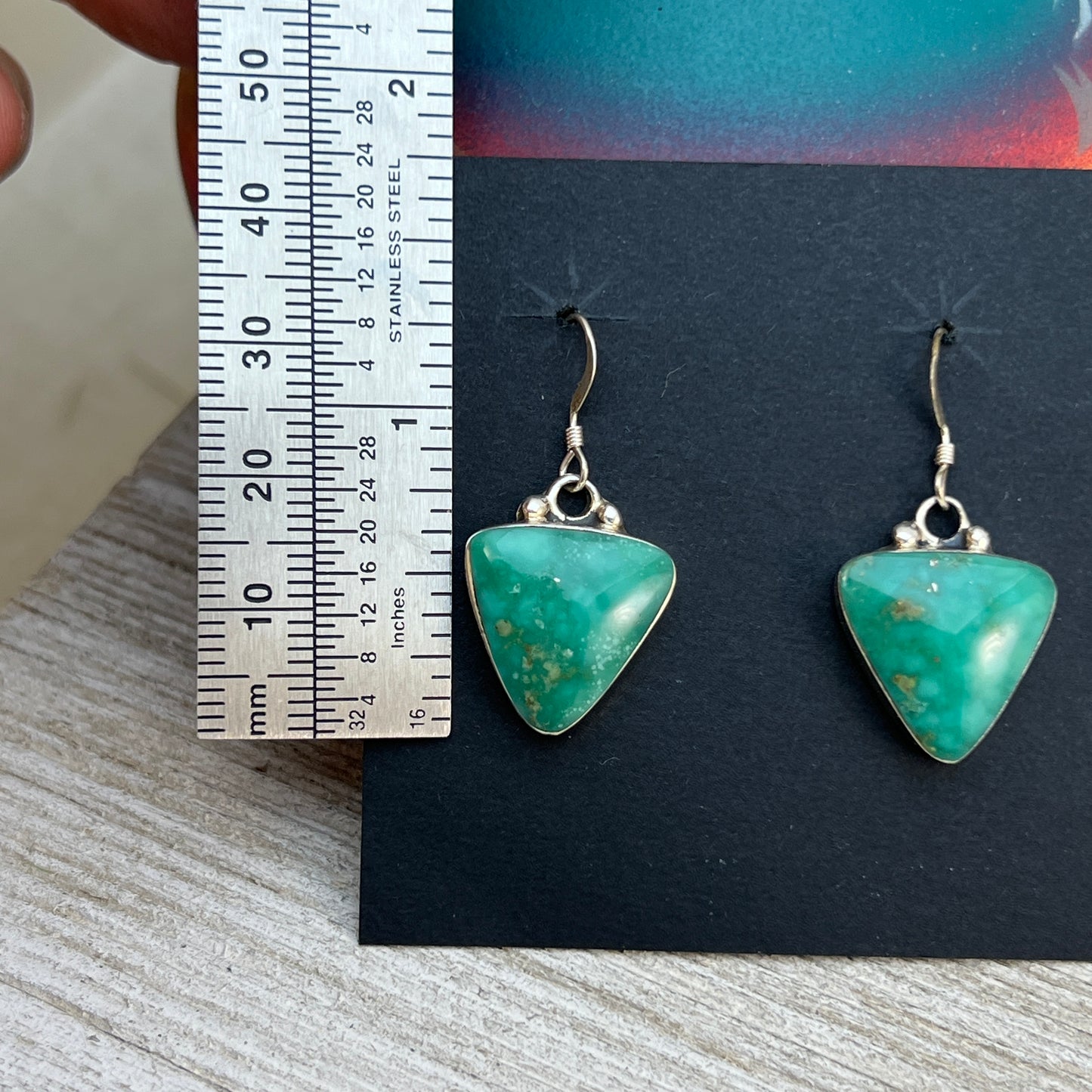 Sterling silver varisite dangle earrings Navajo handmade Arlene Lewis 1