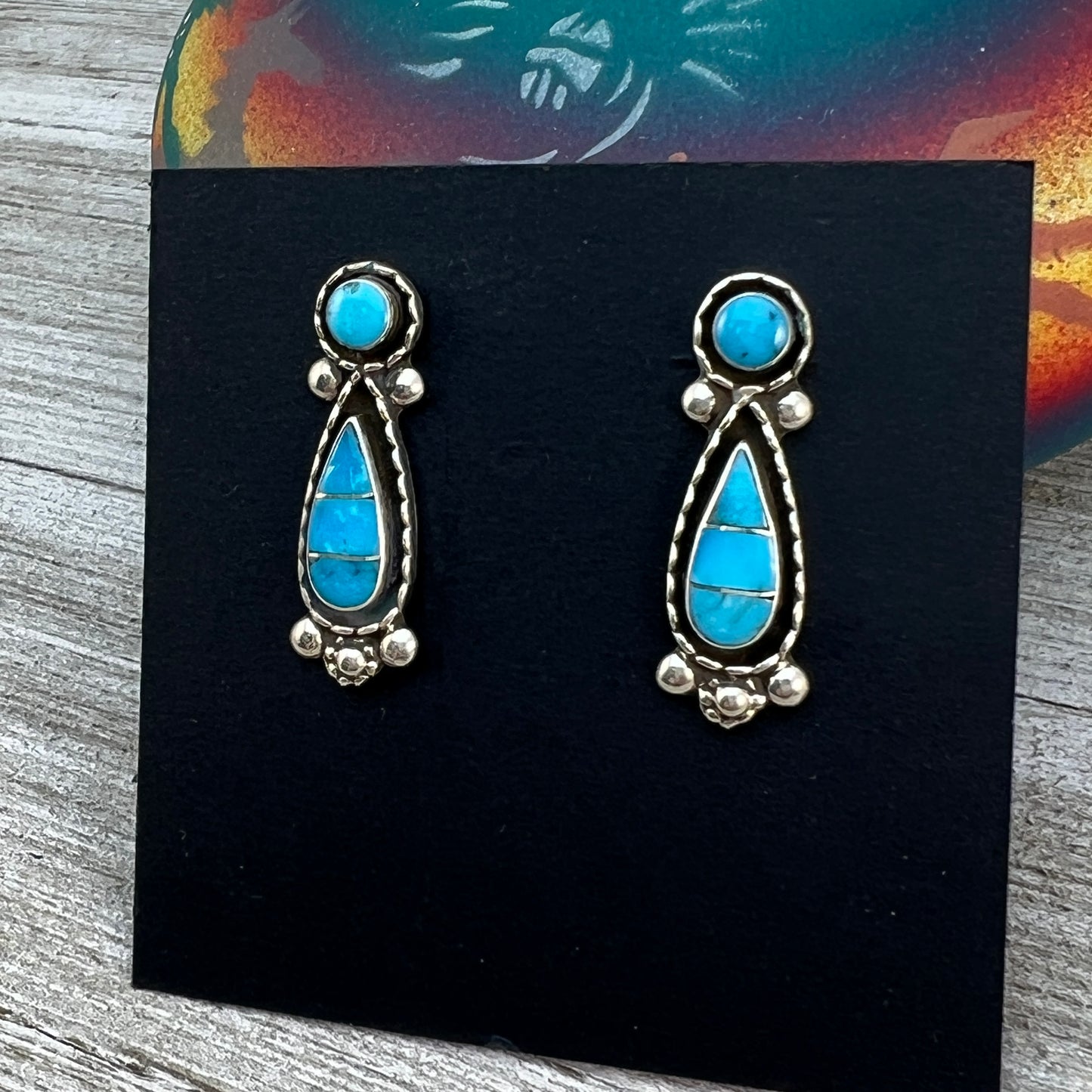 Sterling silver turquoise inlay teardrop stud earring #2, simple design Carina Leekity