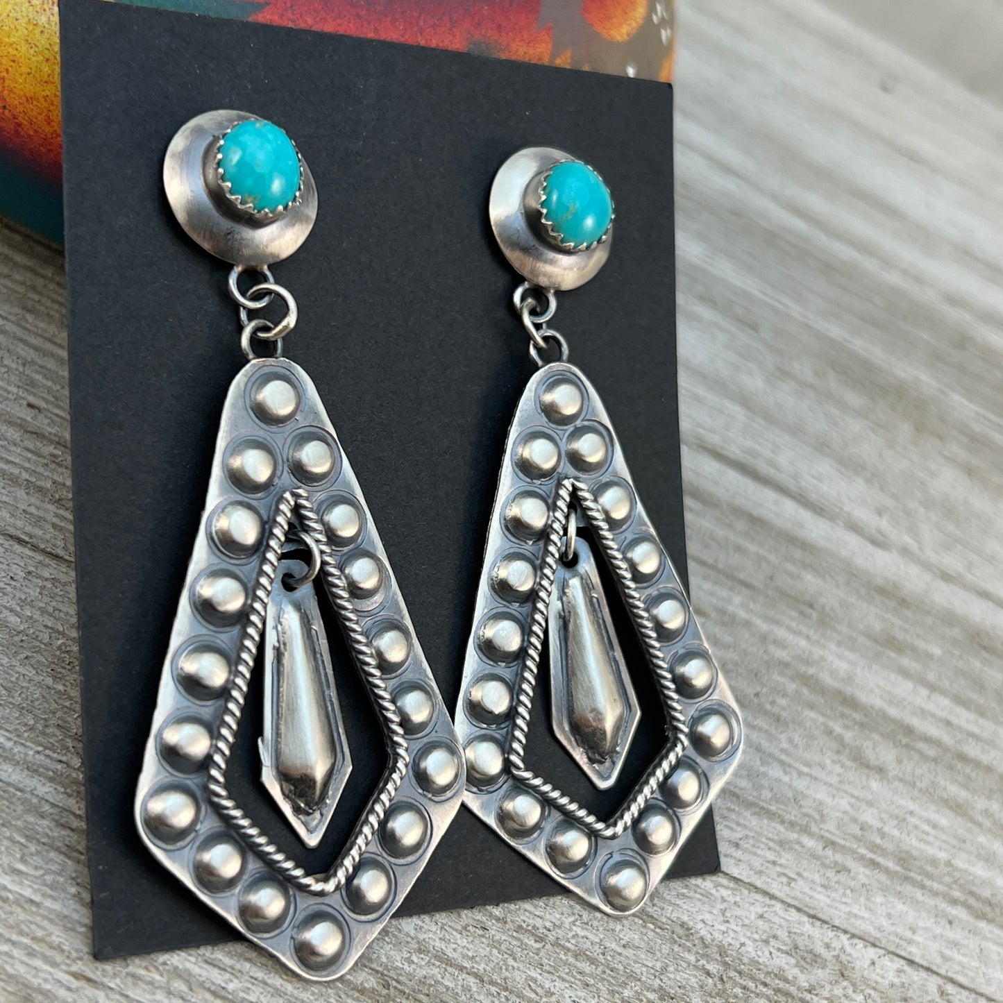 Long Sterling silver Turquoise Hand stamped dangle earrings, Navajo Gabrielle Yazzie 4