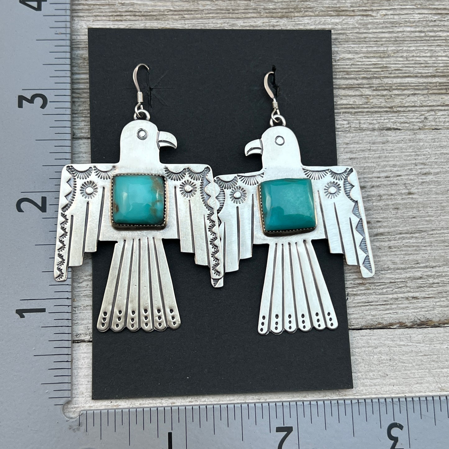 Navajo large Thunderbird dangle earrings sterling silver turquoise Jeremy Delgarito 400