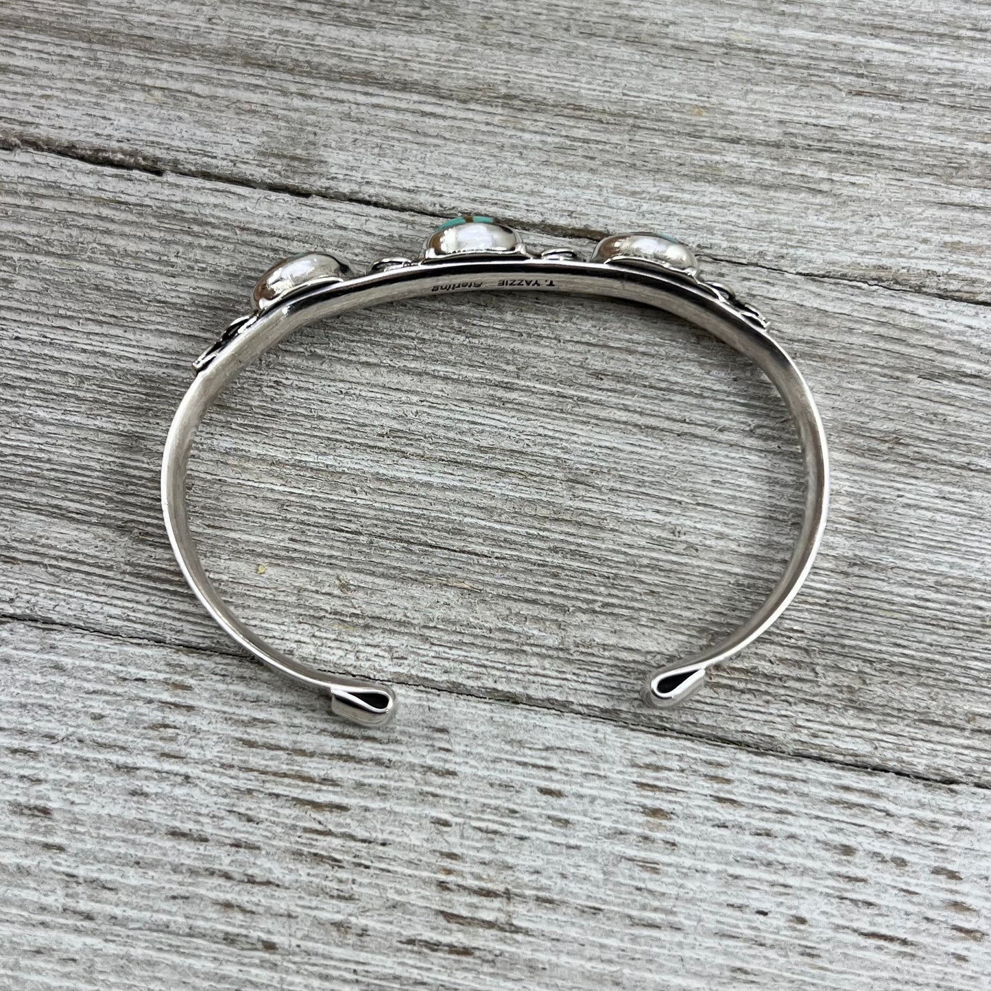 6 1/2" - 7" Kingman Turquoise narrow stacker cuff bracelet #3, Navajo handmade Thomas Yazzie, sterling silver artist signed