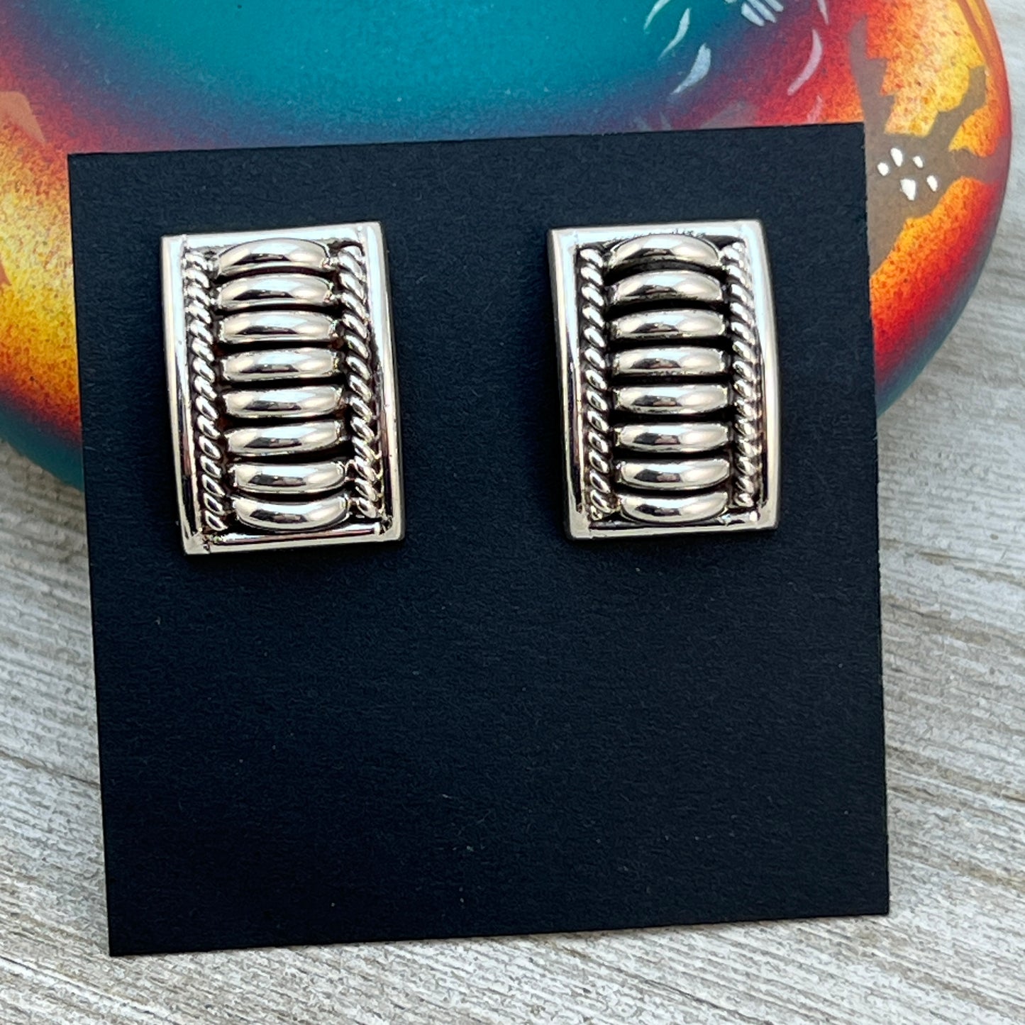 Modern Sterling silver Navajo handmade Bar ribbed rectangle earrings, Thomas Charley 2