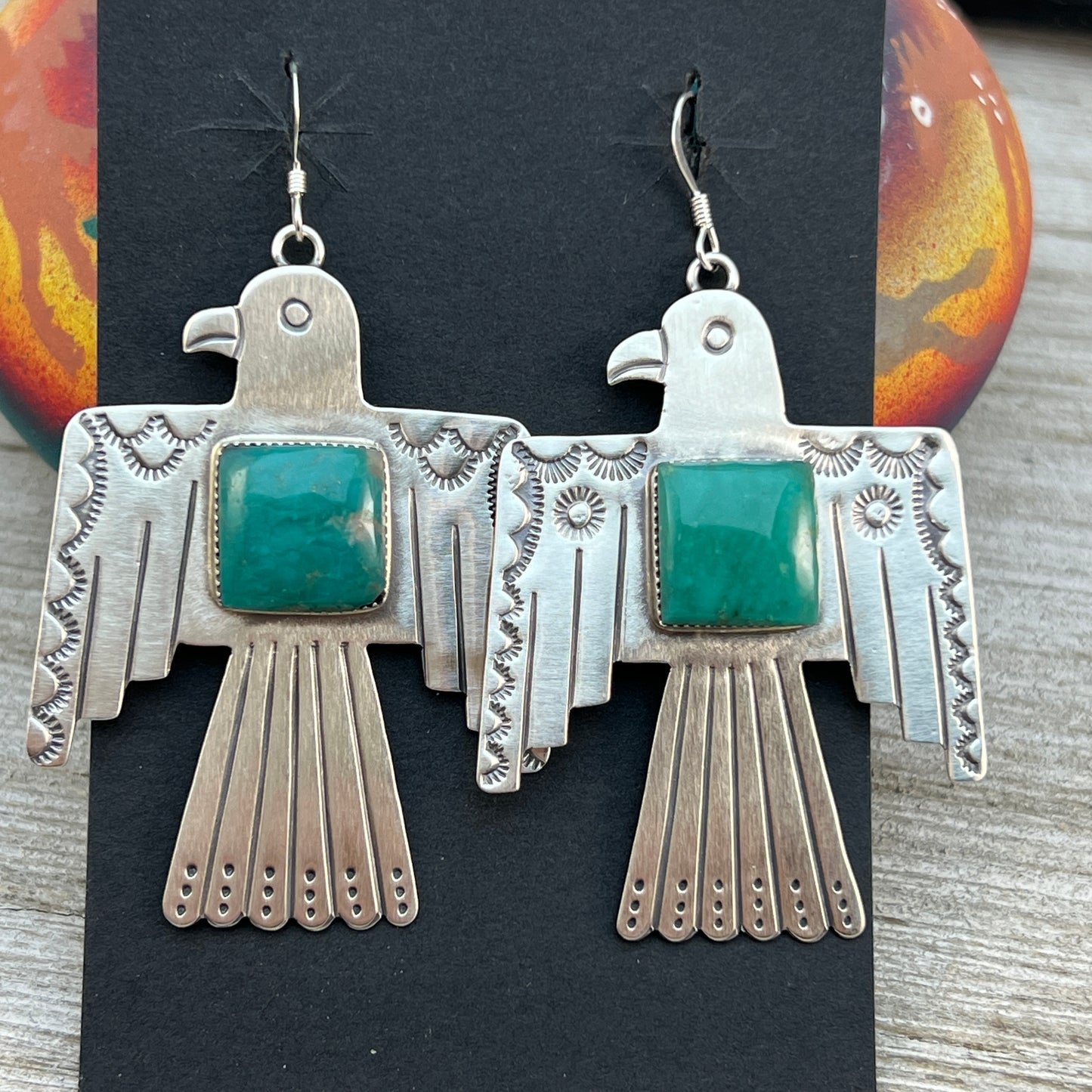 Navajo large Thunderbird dangle earrings sterling silver turquoise Jeremy Delgarito 401