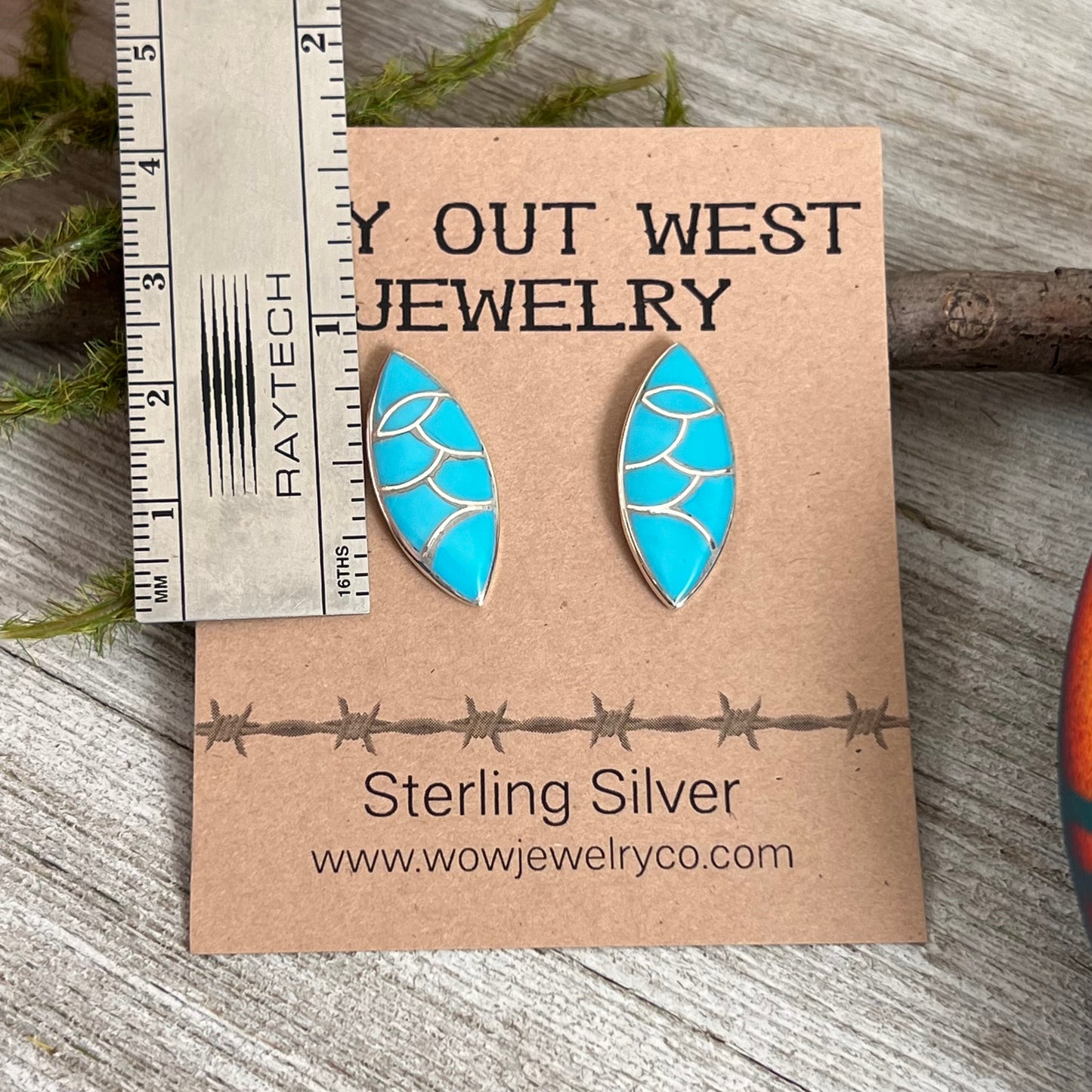 Zuni inlay turquoise fish scale design, marquis stud earrings, sterling silver, Orena Leekya