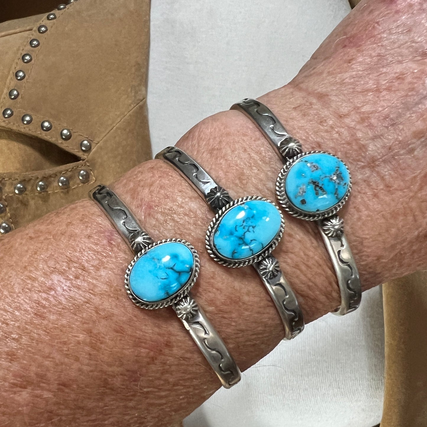 Blue Kingman Turquoise narrow skinny stack Cuff bracelet Sterling Silver Samuel Yellowhair
