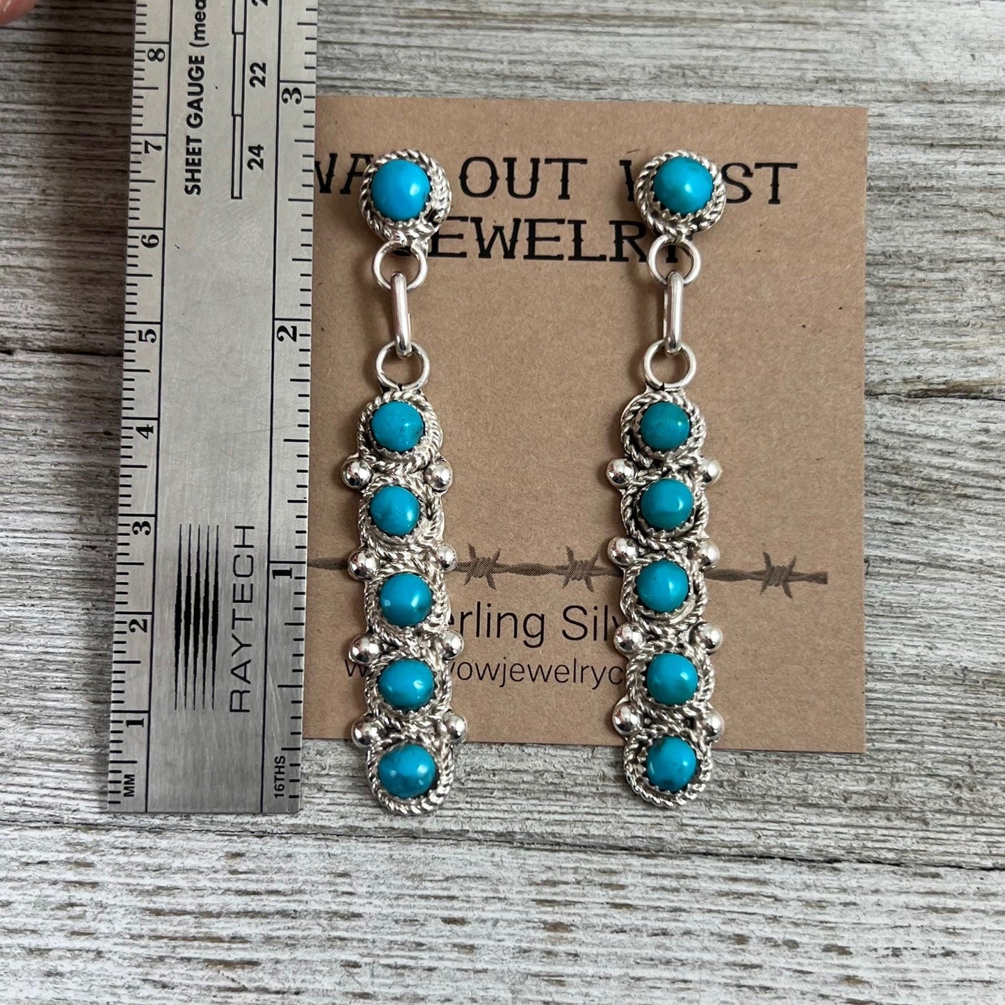 Turquoise Zuni Large Snake Eye bar drop earrings #2, Sterling silver
