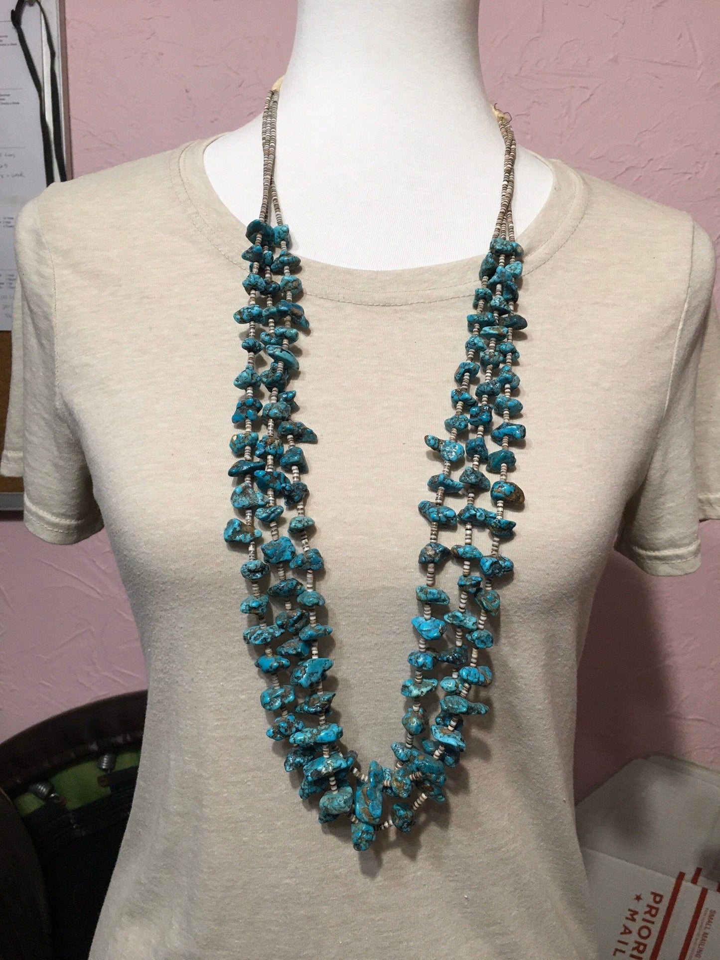 Vintage Turquoise three strand Long 36” Necklace, old turquoise Nuggets, Real turquoise, boho jewelry beads