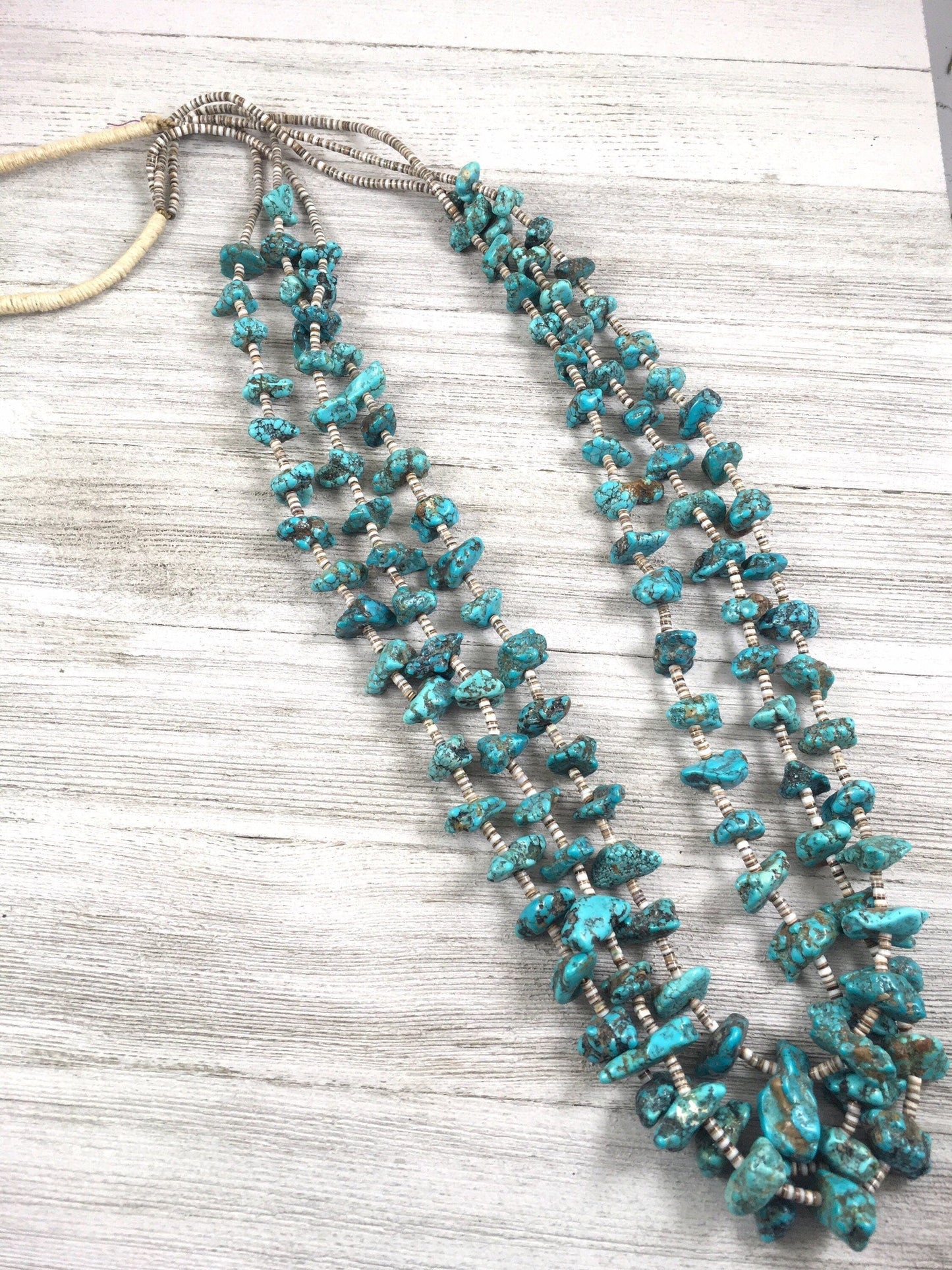 Vintage Turquoise three strand Long 36” Necklace, old turquoise Nuggets, Real turquoise, boho jewelry beads