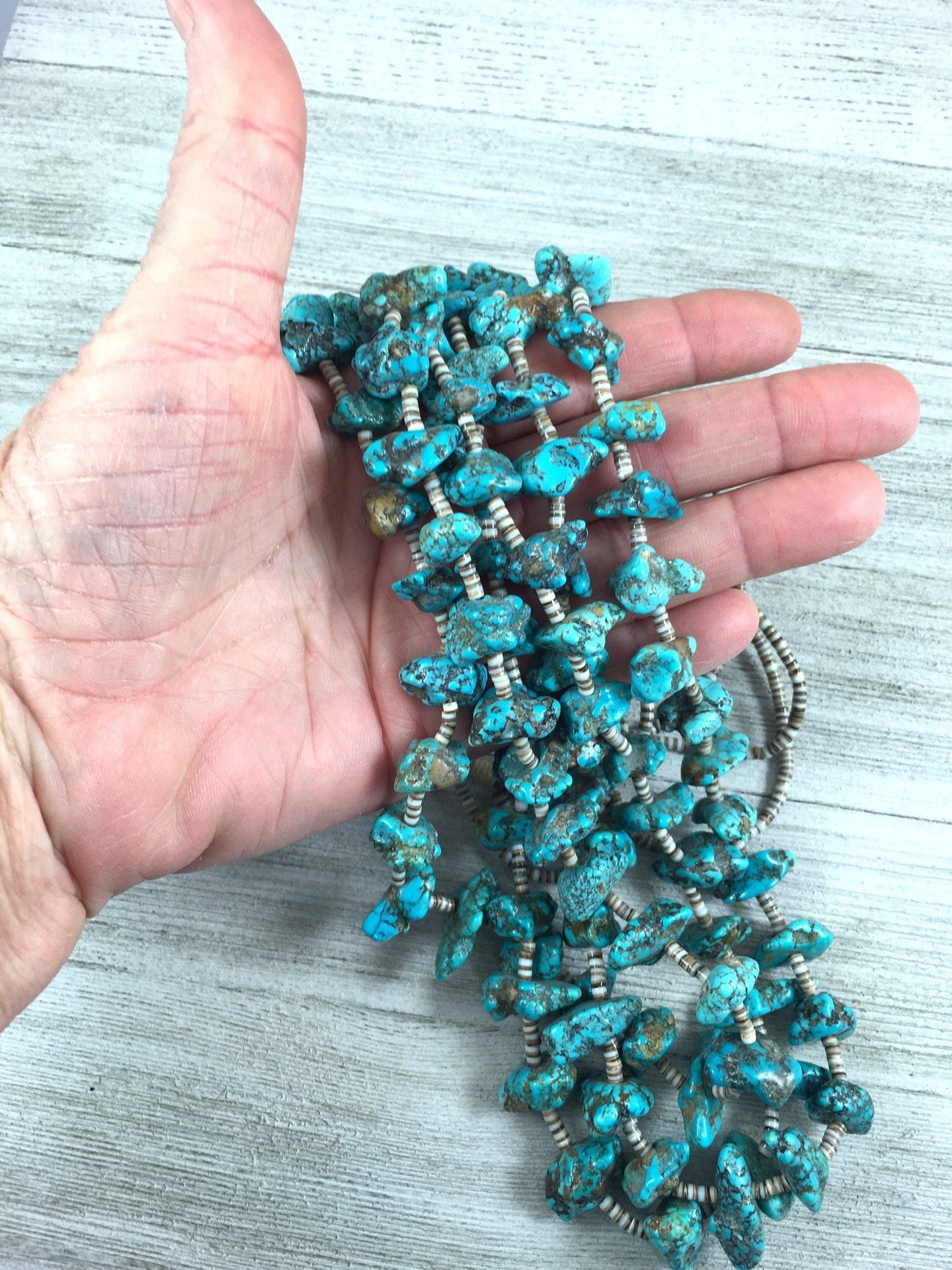 Vintage Turquoise three strand Long 36” Necklace, old turquoise Nuggets, Real turquoise, boho jewelry beads