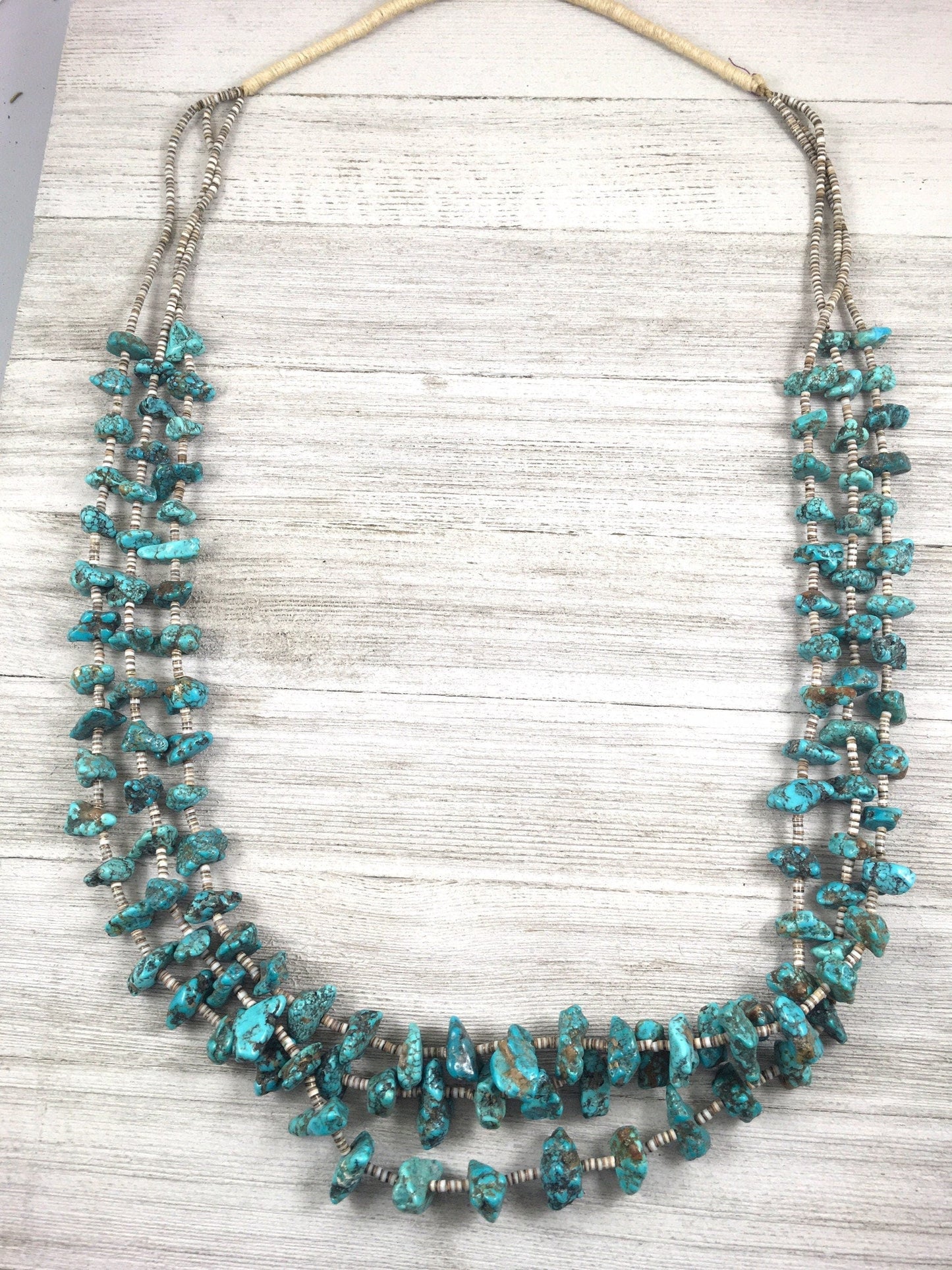 Vintage Turquoise three strand Long 36” Necklace, old turquoise Nuggets, Real turquoise, boho jewelry beads