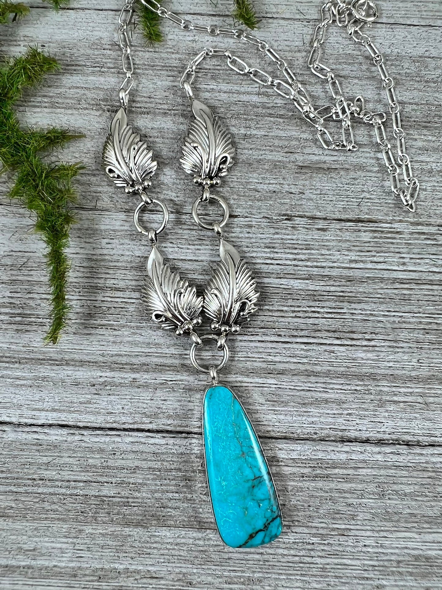 Kingman Turquoise 18" Necklace #1 with Drop Pendant, Real Turquoise, Boho Choker, sterling silver