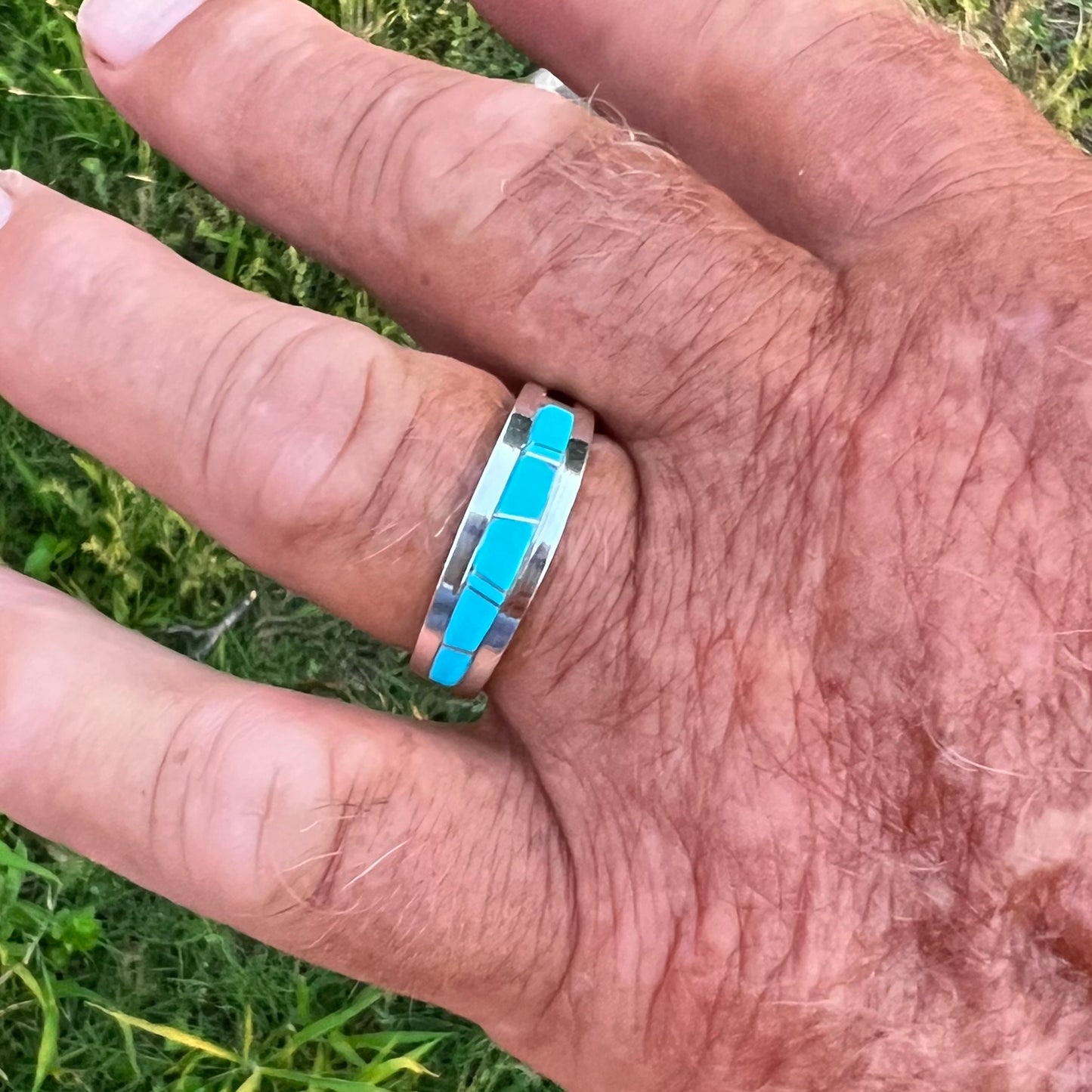 Narrow Kingman turquoise inlay band, Navajo handmade Wilbert Muskett, jr, sterling silver signed
