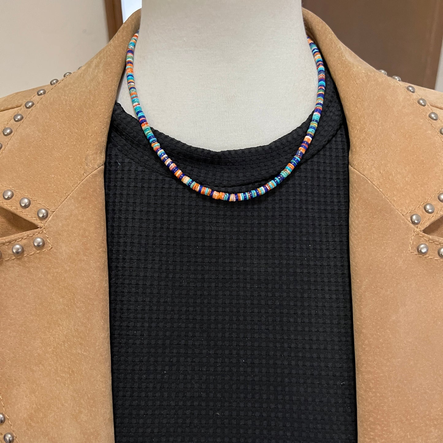 17", 4mm heishi bead necklace choker, blue turquoise lapis red orange spiny oyster shell