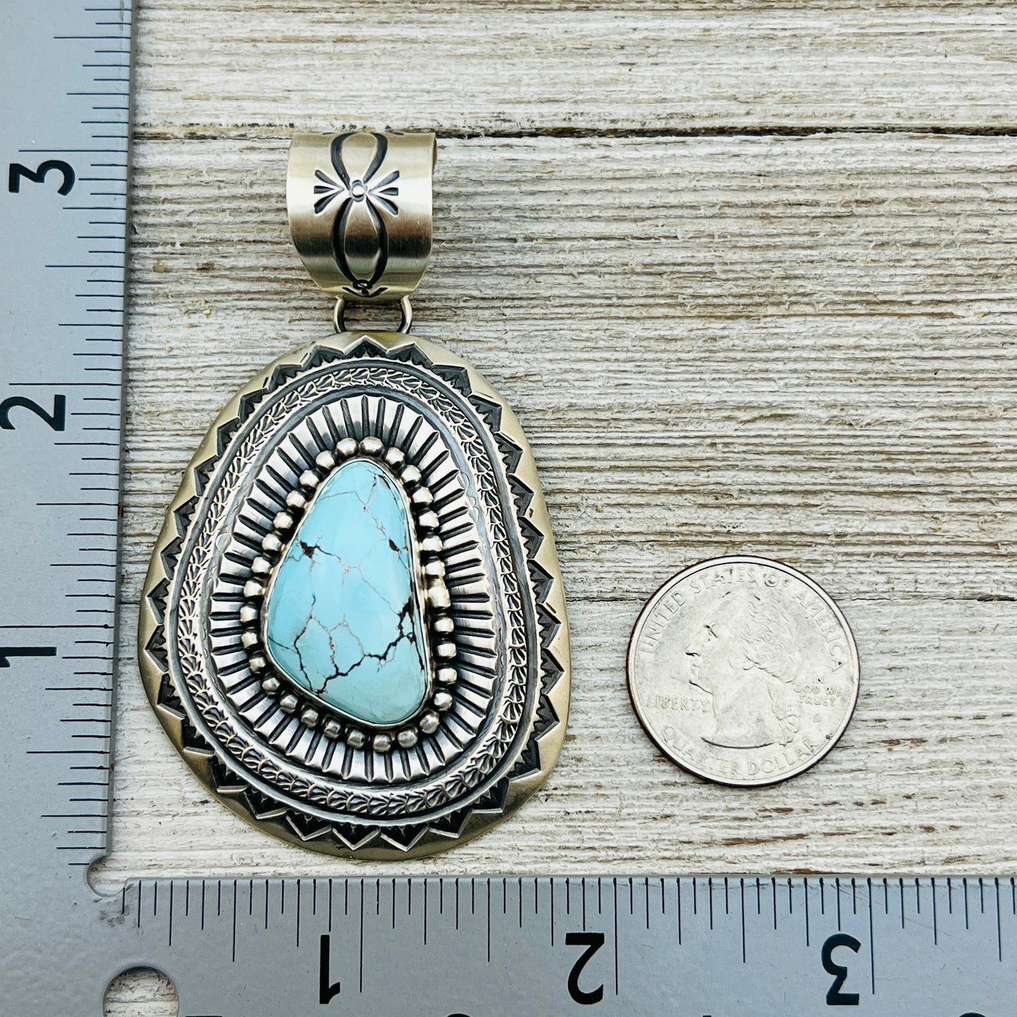 Natural Egyptian Turquoise Stamped concho pendant Arnold Blackgoat Sterling silver Navajo 851