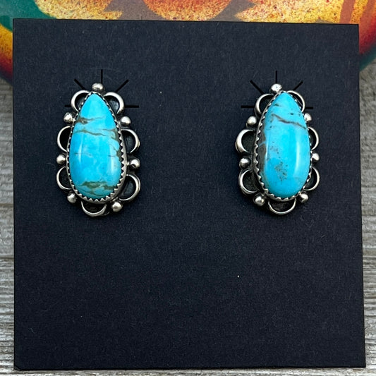 Blue Kingman Turquoise teardrop stud earrings sterling silver Freda Martinez
