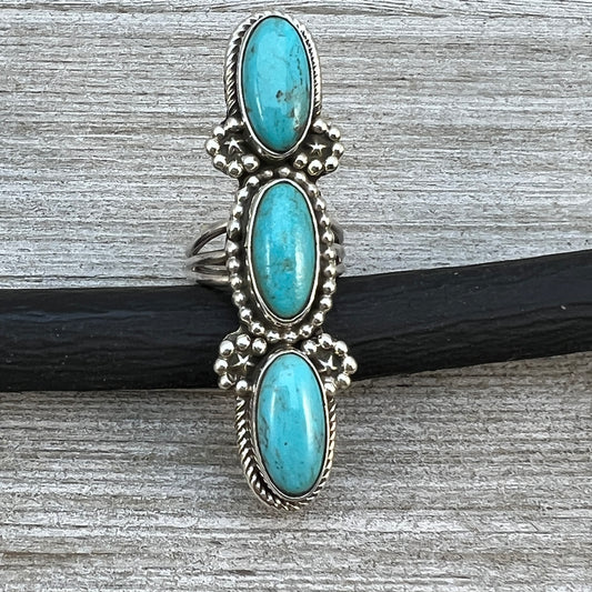 Size 6 Blue Campitos turquoise sterling silver long pointer ring Harold Becenti 491