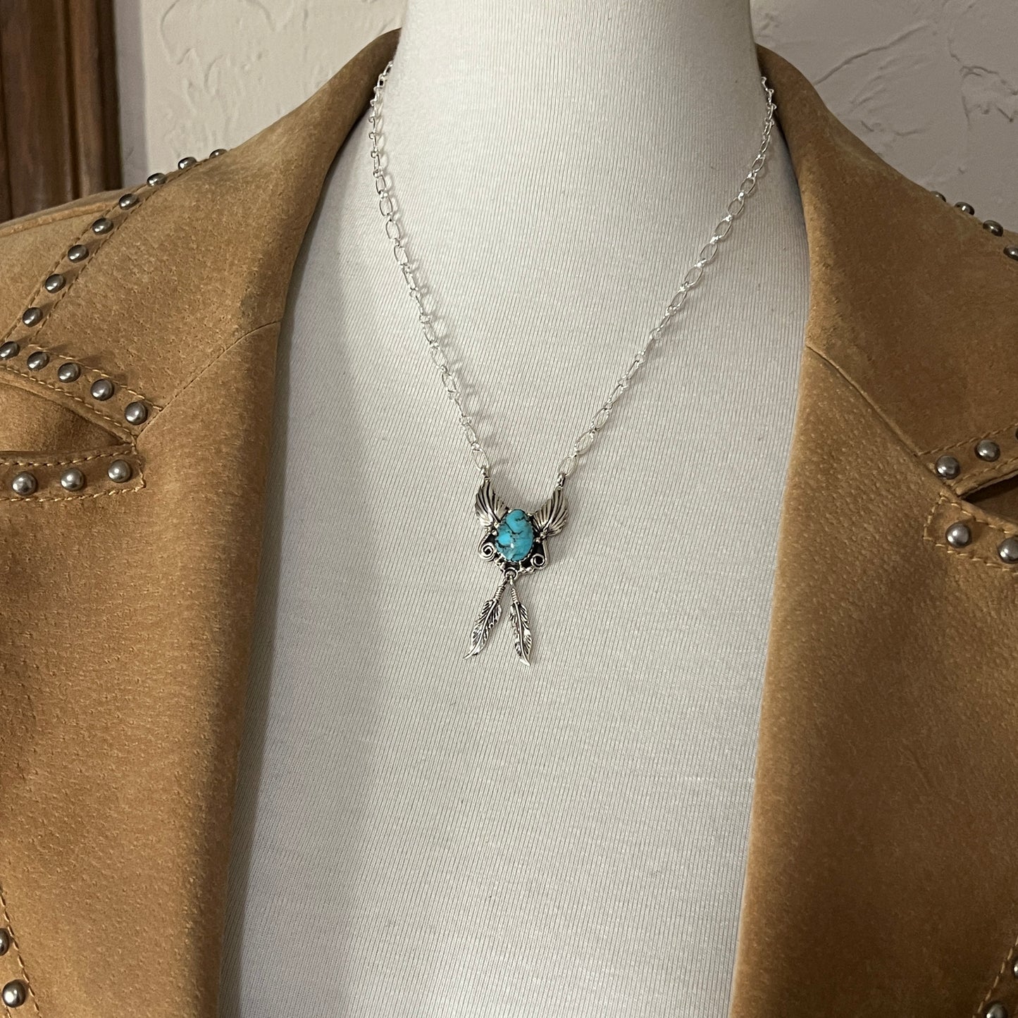 18" Blue Kingman turquoise feather necklace #2, sterling silver, Navajo handmade by Sadie Jim