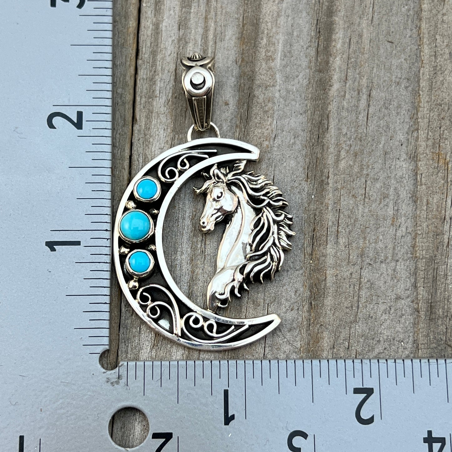 Blue turquoise horse moon pendant sterling silver Jennifer Cayaditto Navajo 818